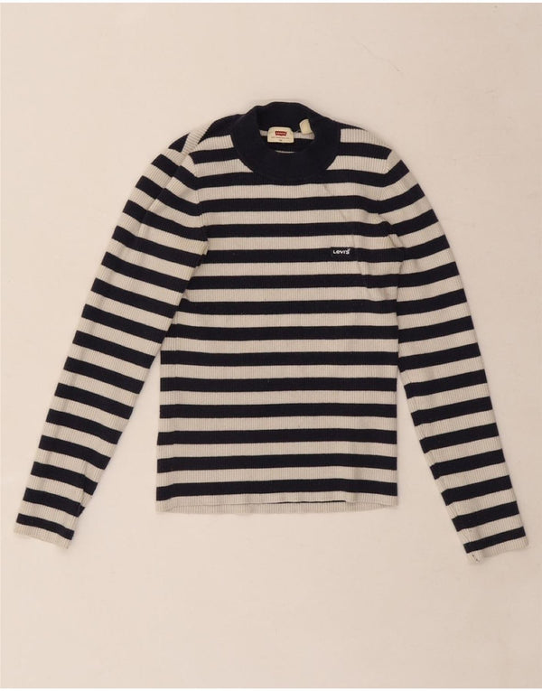 LEVI'S Girls Turtle Neck Jumper Sweater 6-7 Years XS Navy Blue Striped