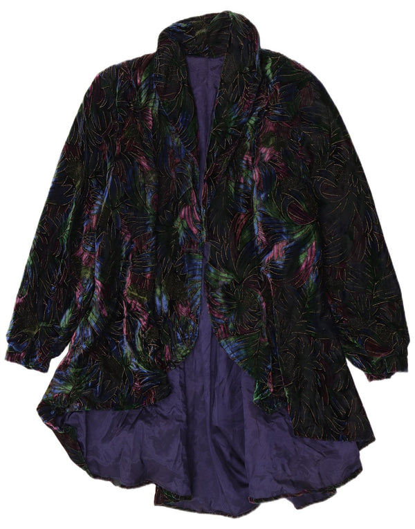 Vintage Womens Velvet Open Overcoat UK 12 Medium Black Floral