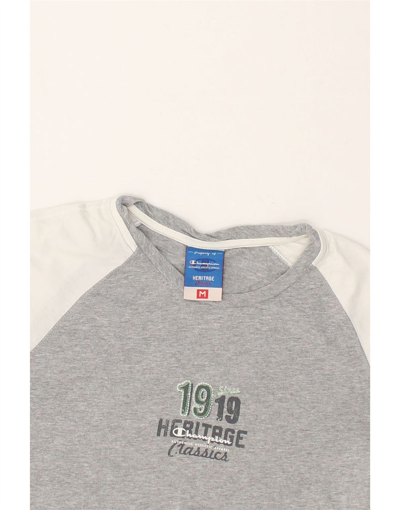 CHAMPION Womens Heritage Graphic T-Shirt Top UK 12 Medium Grey Colourblock | Vintage Champion | Thrift | Second-Hand Champion | Used Clothing | Messina Hembry 