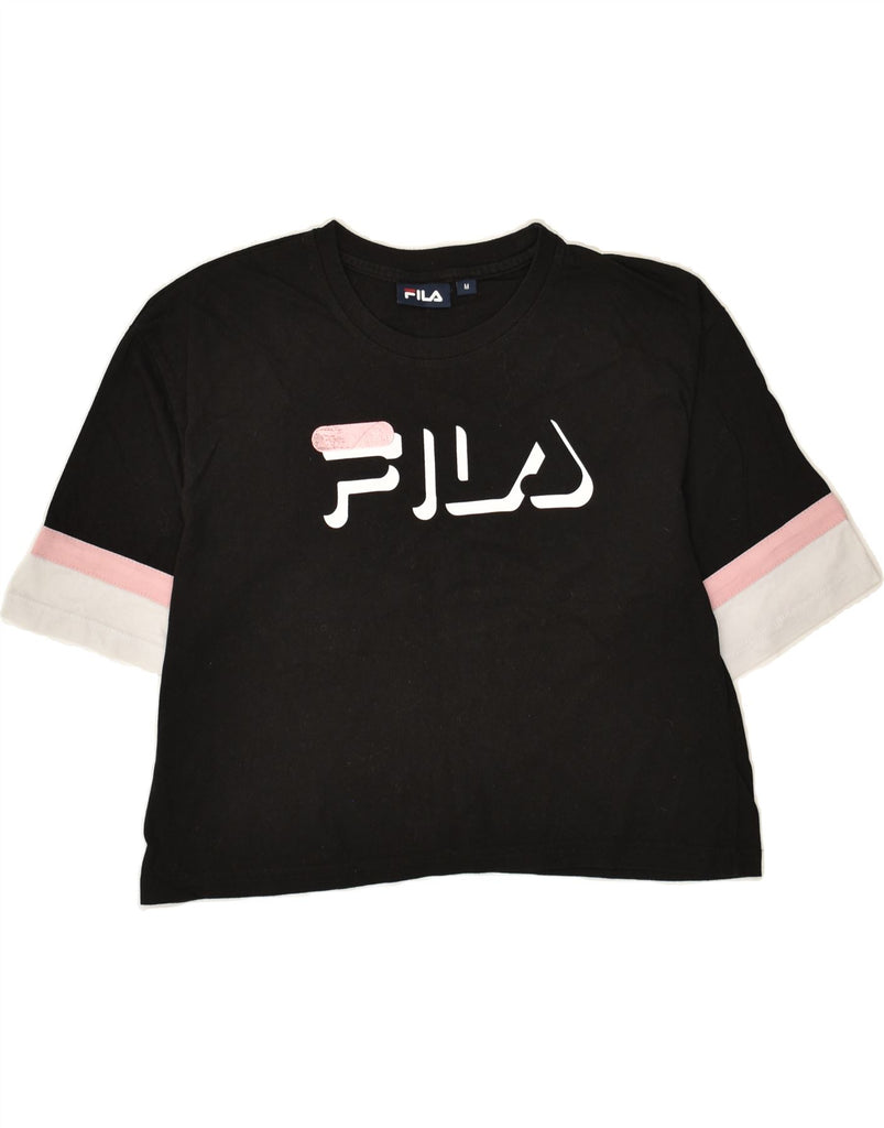 FILA Womens Crop Graphic T-Shirt Top UK 14 Medium Black Cotton | Vintage Fila | Thrift | Second-Hand Fila | Used Clothing | Messina Hembry 