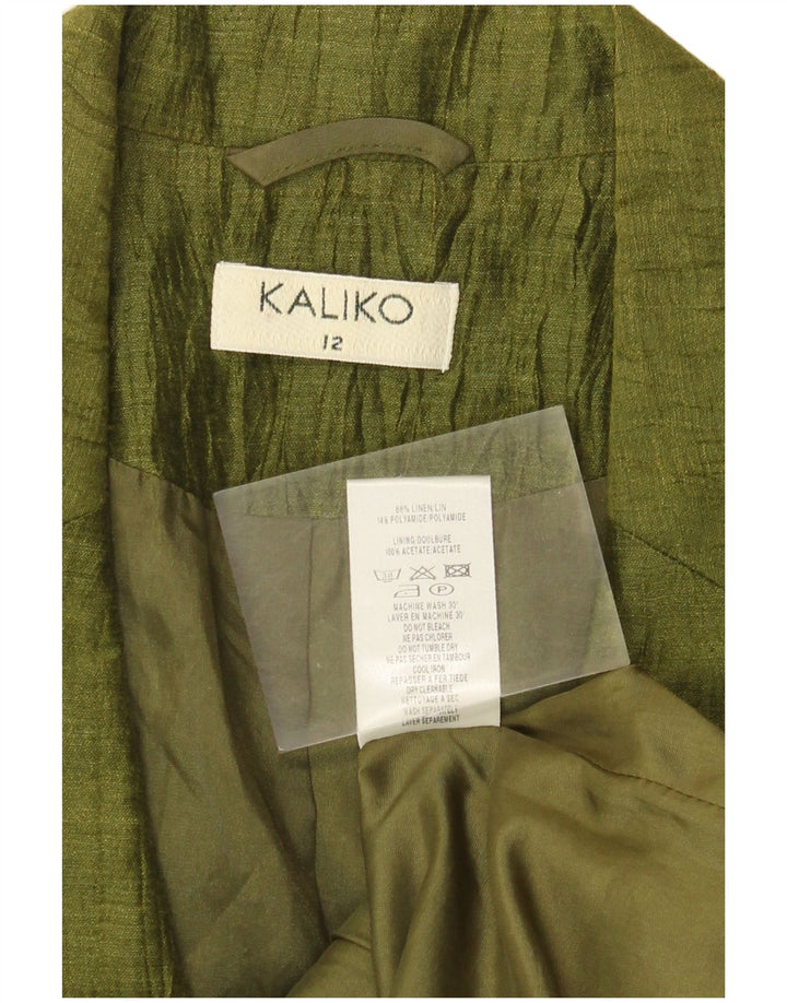Kaliko Womens 3/4 Sleeve Blazer Jacket UK 12 Medium Khaki Linen