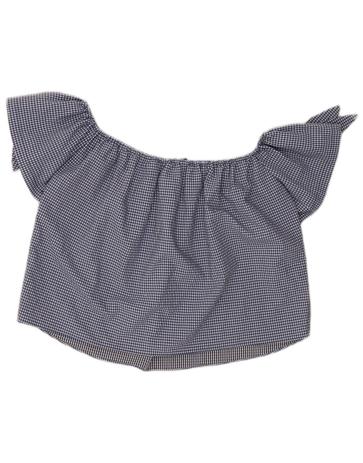 Zara Womens Crop Off Shoulder Top UK 10 Small Navy Blue Gingham