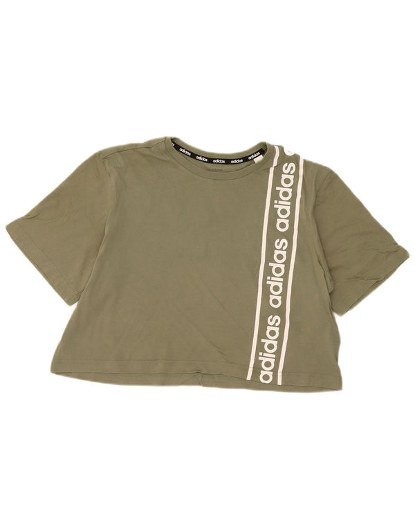 Adidas Womens Crop Graphic T-Shirt Top UK 12/14 Medium Khaki Cotton
