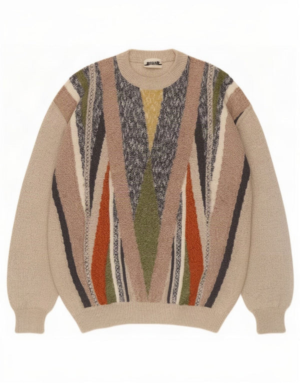 Vintage Mens Crew Neck Jumper Sweater IT 52 Large Beige Geometric Cotton