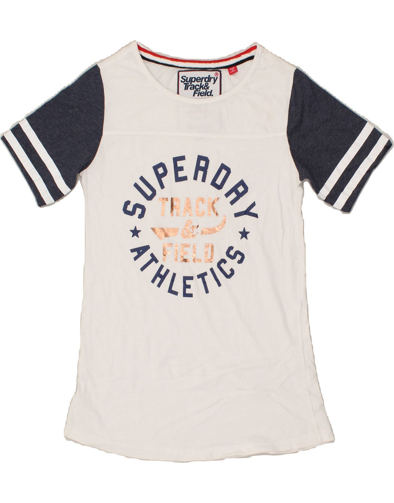 SUPERDRY Womens Track & Field Graphic T-Shirt Top UK 12 Medium White | Vintage Superdry | Thrift | Second-Hand Superdry | Used Clothing | Messina Hembry 