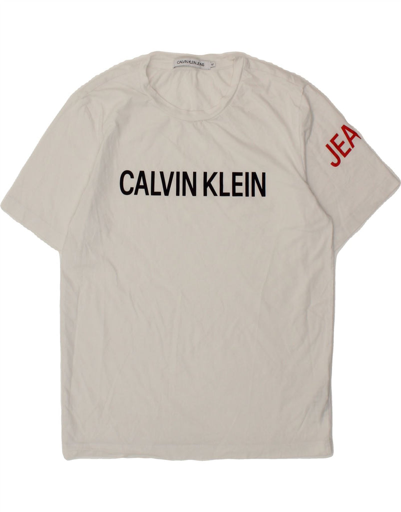 CALVIN KLEIN JEANS Mens Graphic T-Shirt Top Medium White Cotton Vintage Calvin Klein Jeans and Second-Hand Calvin Klein Jeans from Messina Hembry 