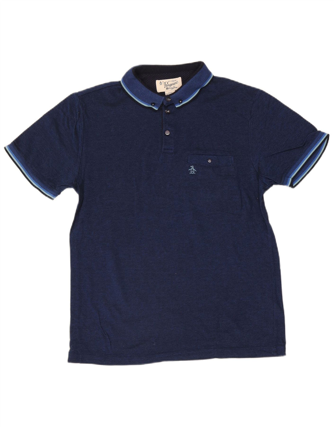 Penguin Mens Polo Shirt Large Navy Blue Striped Cotton