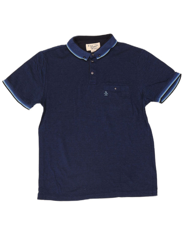 Penguin Mens Polo Shirt Large Navy Blue Striped Cotton
