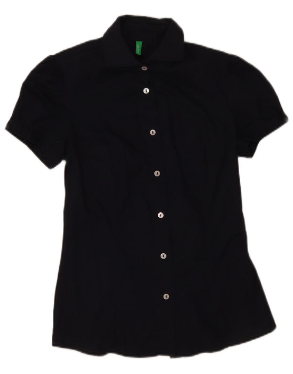 Benetton Womens Short Sleeve Shirt UK 10 Small Navy Blue Cotton