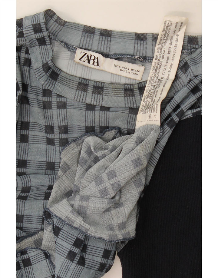 Zara Womens Crop Long Sleeve Blouse Top UK 8 Small Navy Blue Check