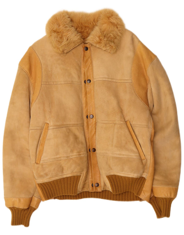 Vintage Mens Bomber Shearling Jacket UK 38 Medium Beige