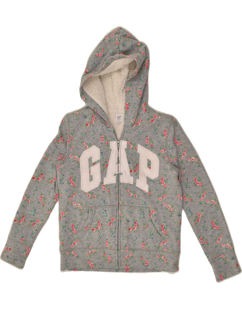 GAP Girls Graphic Sherpa Zip Hoodie Sweater 11-12 Years XL Grey Floral | Vintage Gap | Thrift | Second-Hand Gap | Used Clothing | Messina Hembry 