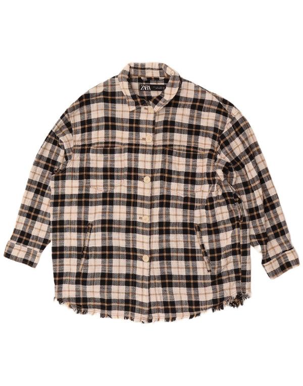 Zara Womens Oversized Flannel Shirt UK 16 Large Beige Plaid Cotton