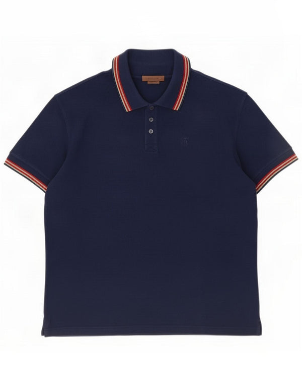 Corneliani Mens Polo Shirt IT 52 Large Navy Blue Striped Cotton