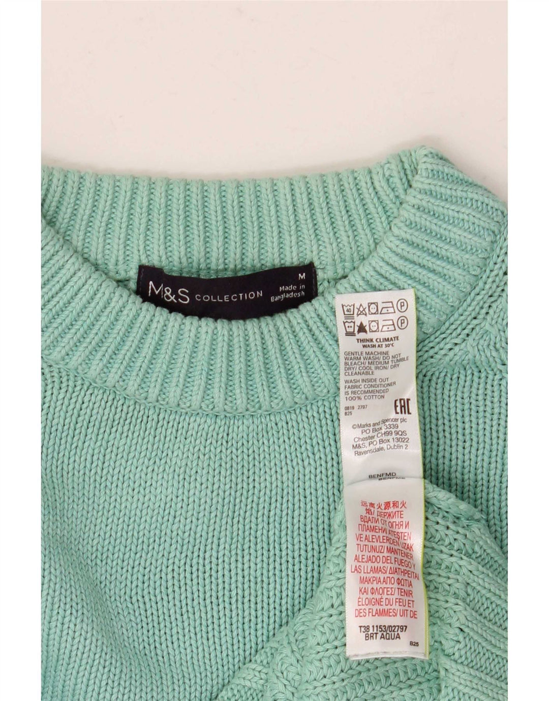 Marks & Spencer Mens Crew Neck Jumper Sweater Medium Turquoise Cotton