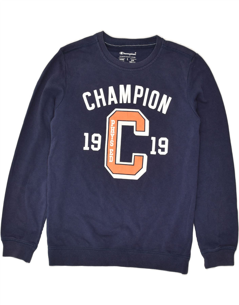 CHAMPION Boys Graphic Sweatshirt Jumper 11-12 Years Large Navy Blue Cotton | Vintage Champion | Thrift | Second-Hand Champion | Used Clothing | Messina Hembry 