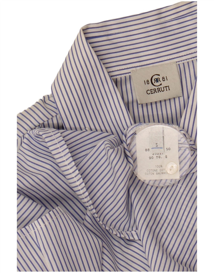 Cerruti 1881 Womens Ruffle Front Shirt UK 10 Small Blue Striped Cotton