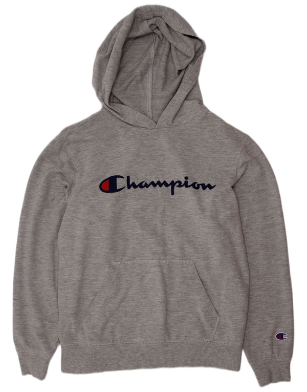 CHAMPION Boys Graphic Hoodie Jumper 9-10 Years Medium Grey Flecked Cotton