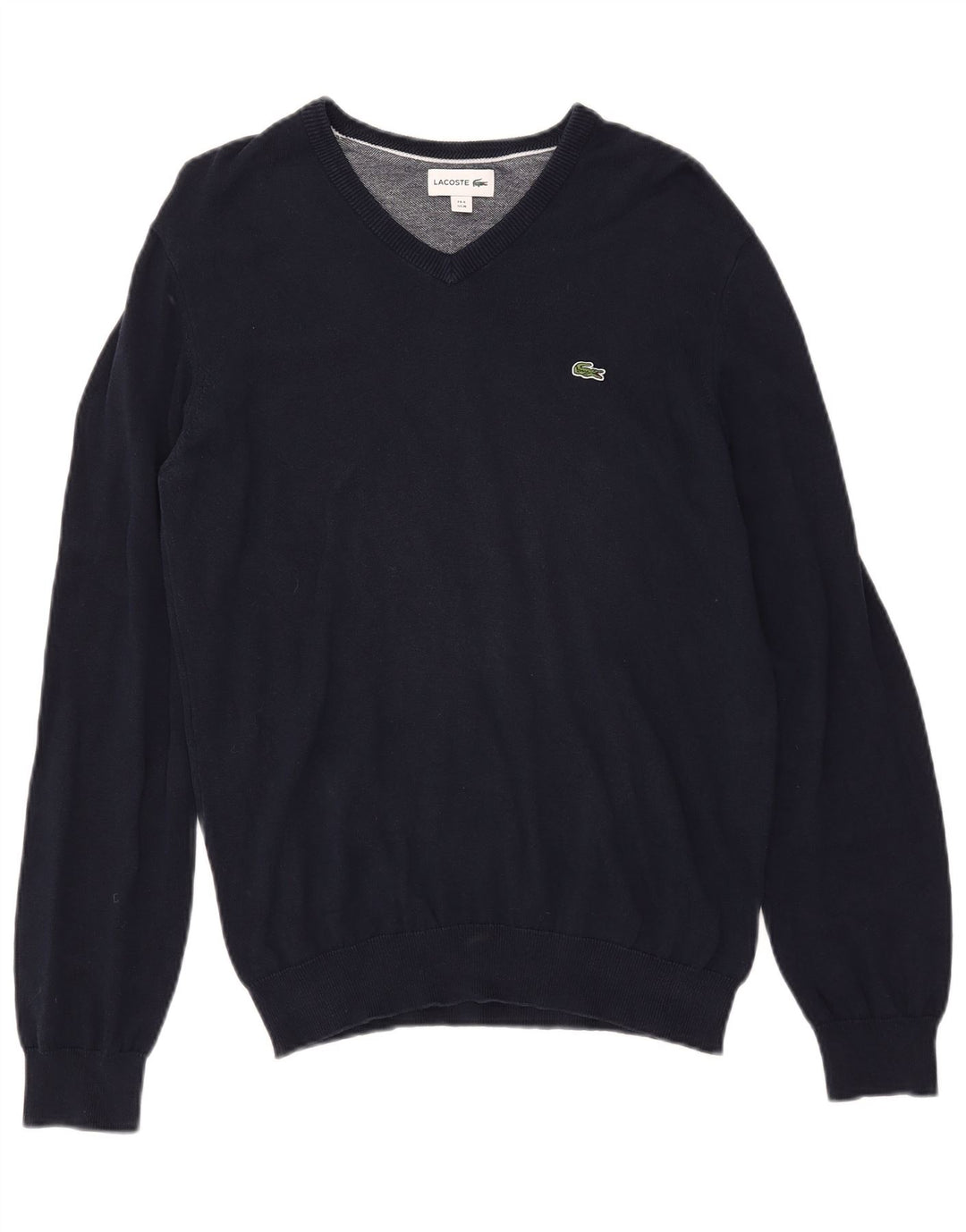 LACOSTE Mens V-Neck Jumper Sweater Size 4 Medium Navy Blue Cotton