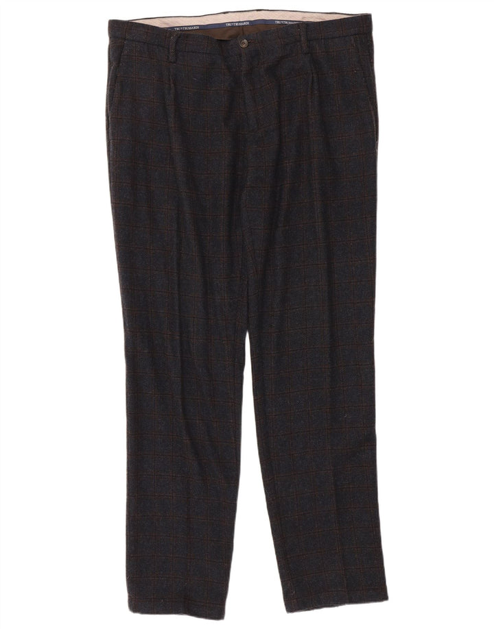 Trussardi Mens Straight Suit Trousers W38 L33 Navy Blue Check
