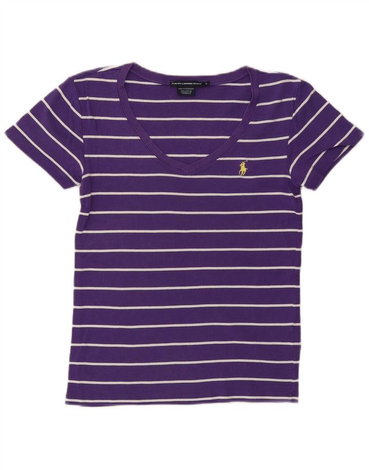 RALPH LAUREN Womens T-Shirt Top UK 14 Large Purple Striped Cotton
