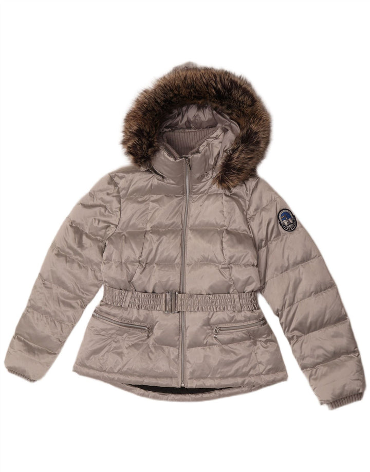 Lands End Womens Petite Hooded Padded Jacket UK 10 Small Silver Polyester