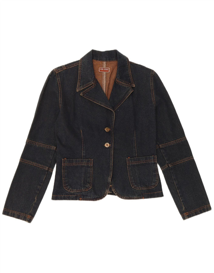 VINTAGE Womens 2 Button Denim Blazer Jacket UK 12 Medium Navy Blue Cotton