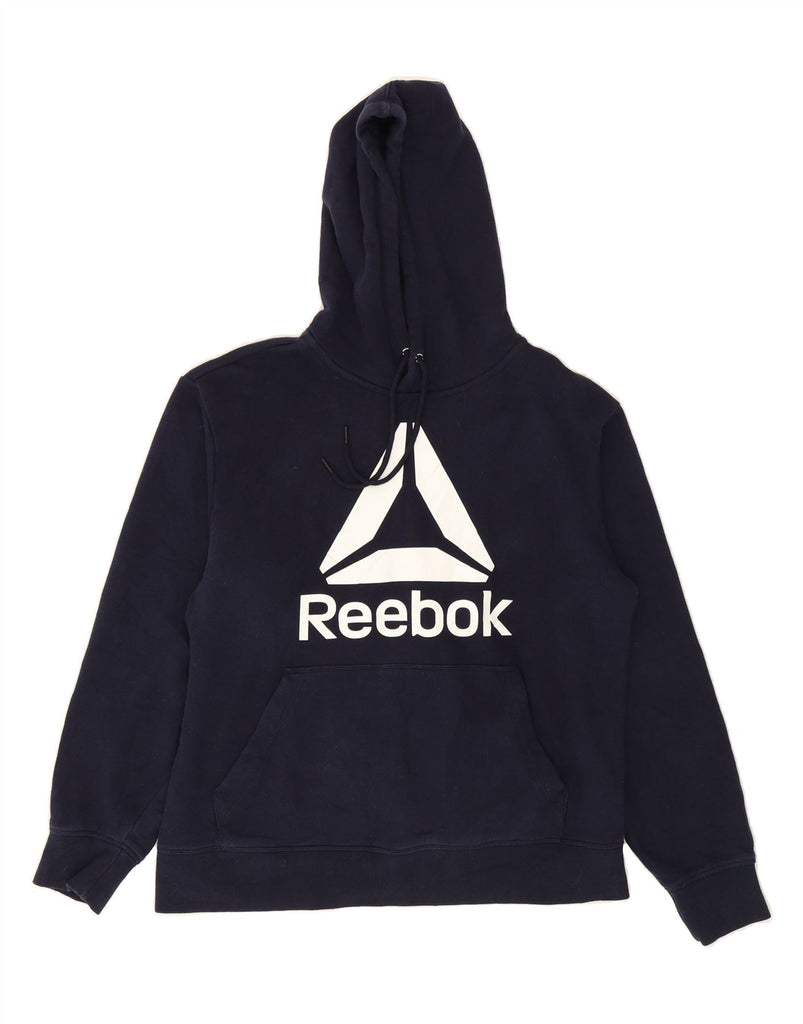REEBOK Mens Graphic Hoodie Jumper Medium Navy Blue Cotton Vintage Reebok and Second-Hand Reebok from Messina Hembry 
