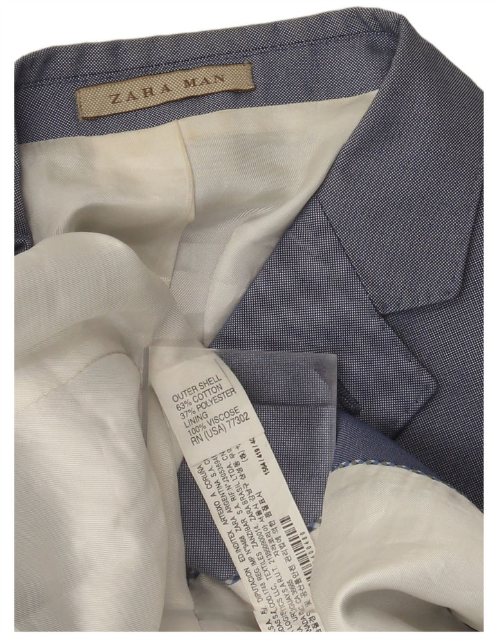 Zara Mens 2 Button Blazer Jacket UK 36 Small Blue Cotton