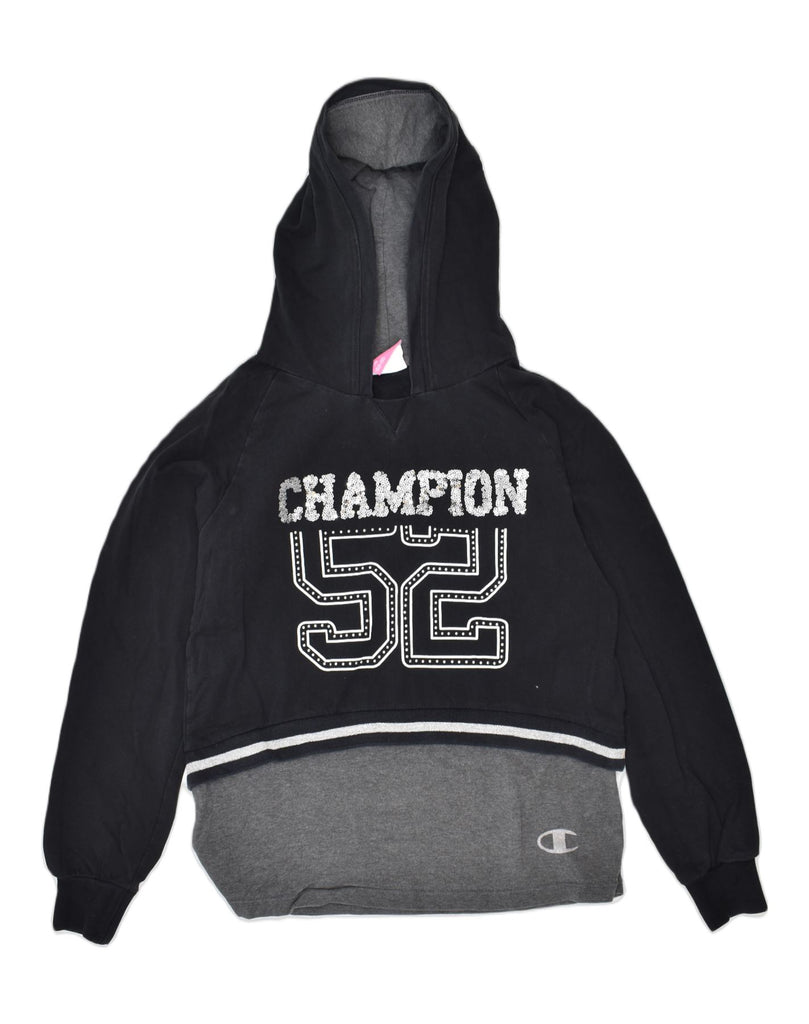 CHAMPION Girls Graphic Hoodie Jumper 11-12 Years Large Black Colourblock | Vintage | Thrift | Second-Hand | Used Clothing | Messina Hembry 