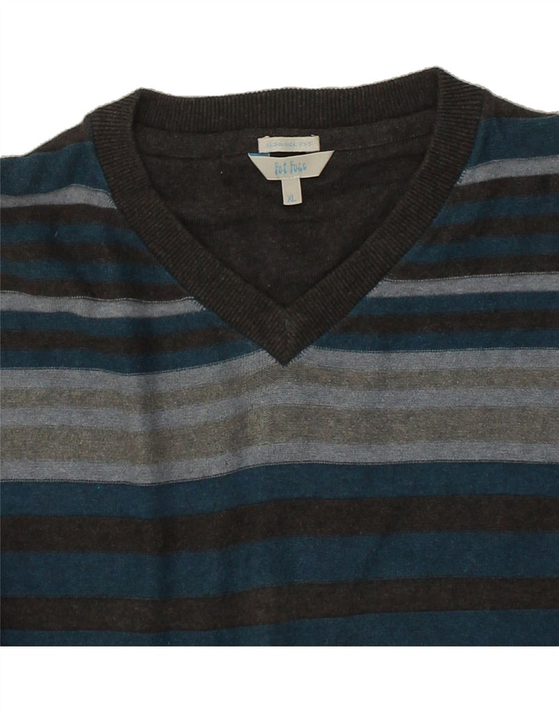 FAT FACE Mens V-Neck Jumper Sweater XL Multicoloured Striped Cotton | Vintage Fat Face | Thrift | Second-Hand Fat Face | Used Clothing | Messina Hembry 