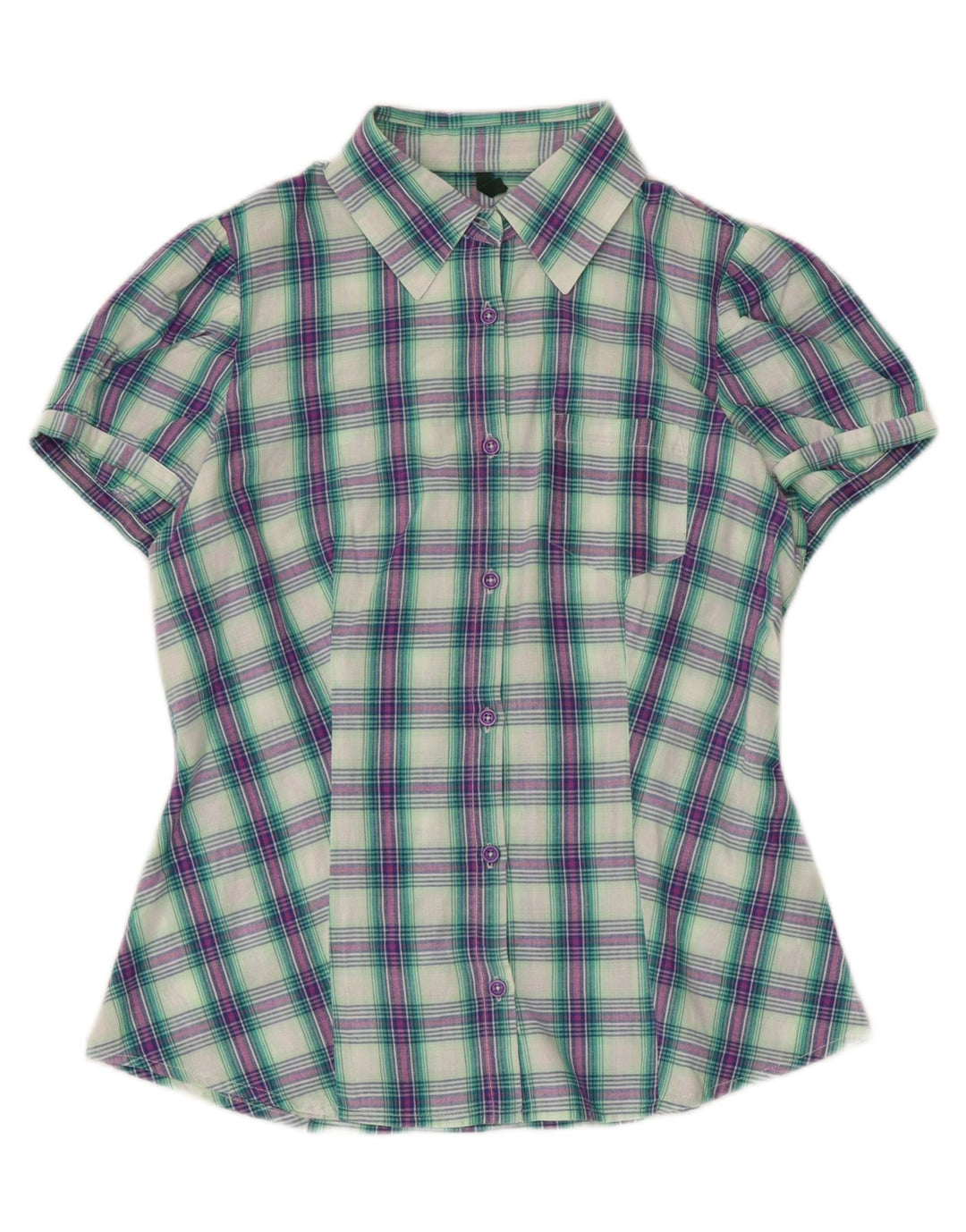 BENETTON Womens Short Sleeve Shirt UK 14 Medium Multicoloured Check Cotton
