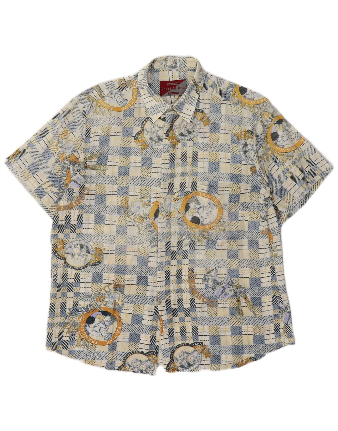 Vintage Mens Graphic Short Sleeve Shirt Medium Blue Check