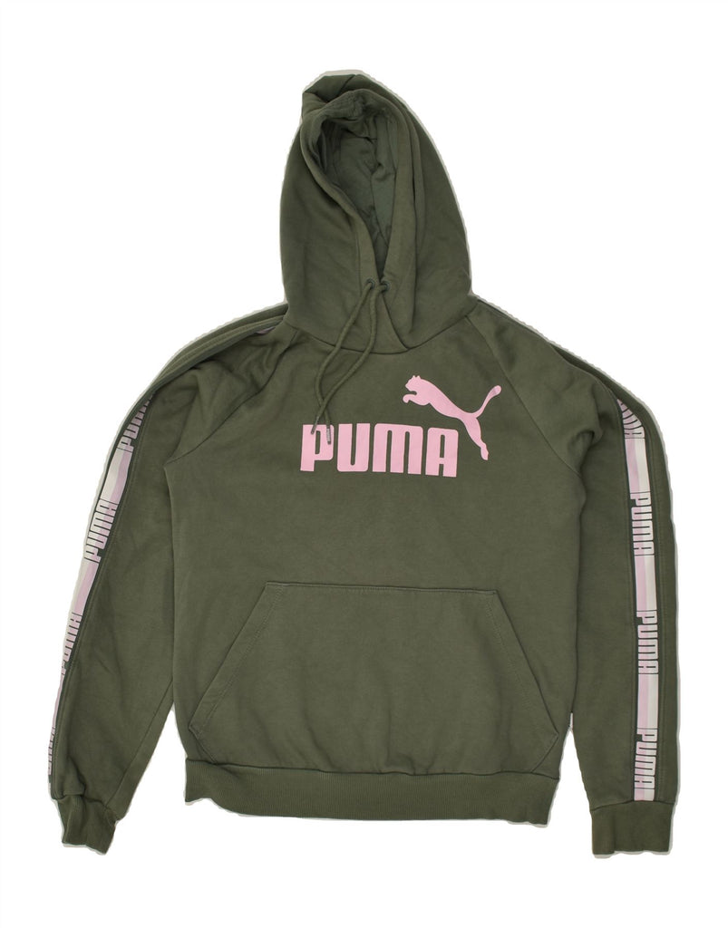 PUMA Womens Graphic Hoodie Jumper UK 10 Small  Khaki Cotton | Vintage Puma | Thrift | Second-Hand Puma | Used Clothing | Messina Hembry 