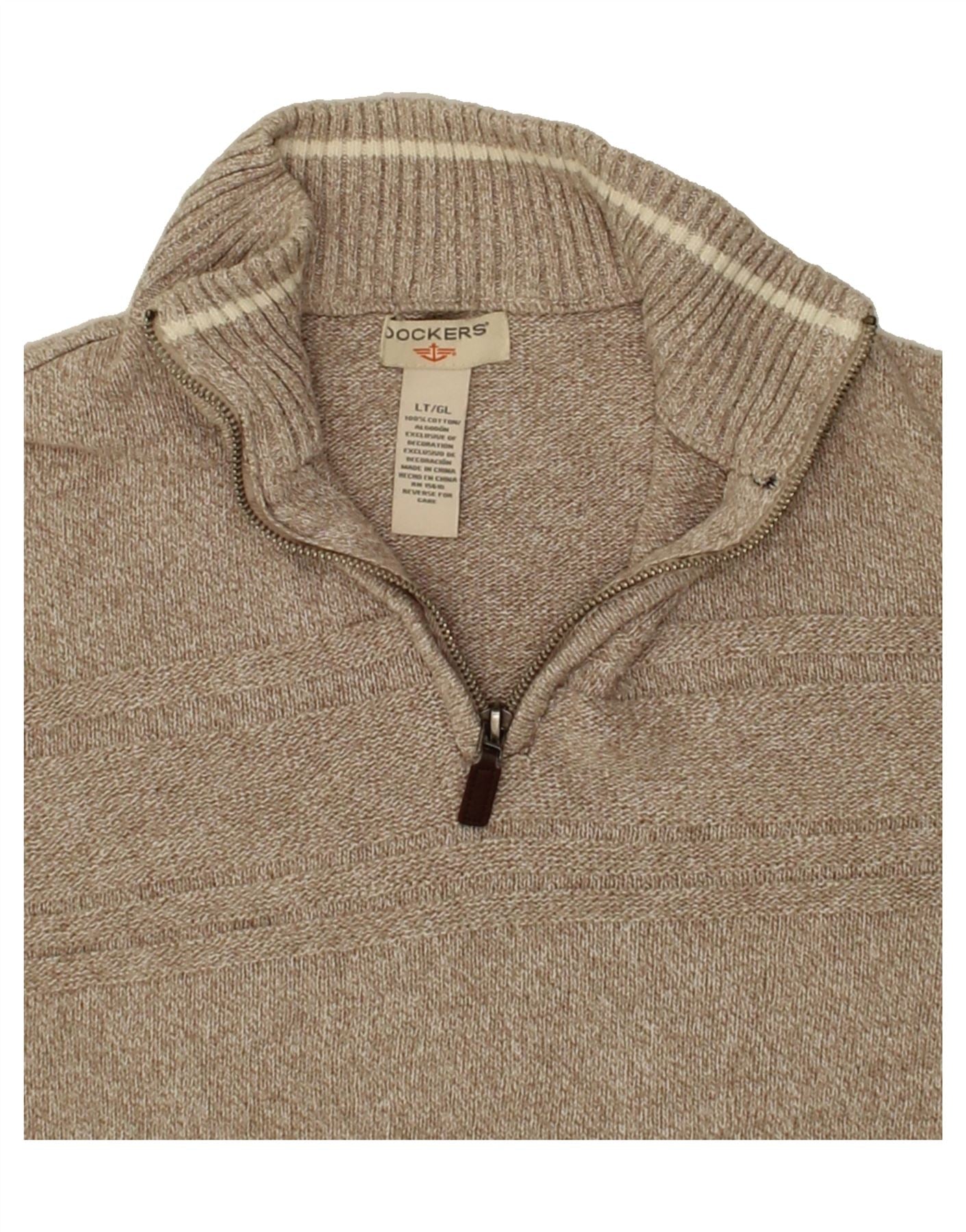 DOCKERS Mens Zip Neck Jumper Sweater Large Beige Cotton Vintage