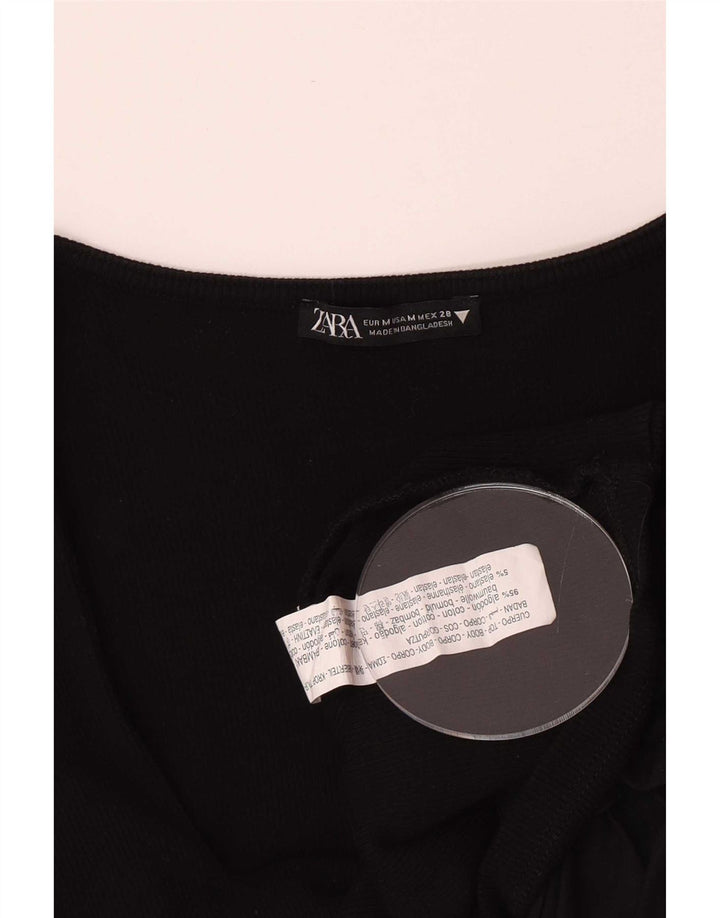 Zara Womens 3/4 Sleeve Crop Top UK 12 Medium Black Cotton
