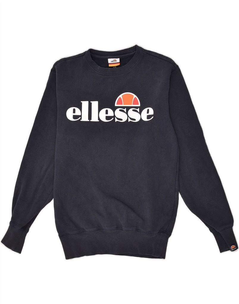 ELLESSE Womens Loose Fit Graphic Sweatshirt Jumper UK 6 XS Navy Blue | Vintage Ellesse | Thrift | Second-Hand Ellesse | Used Clothing | Messina Hembry 