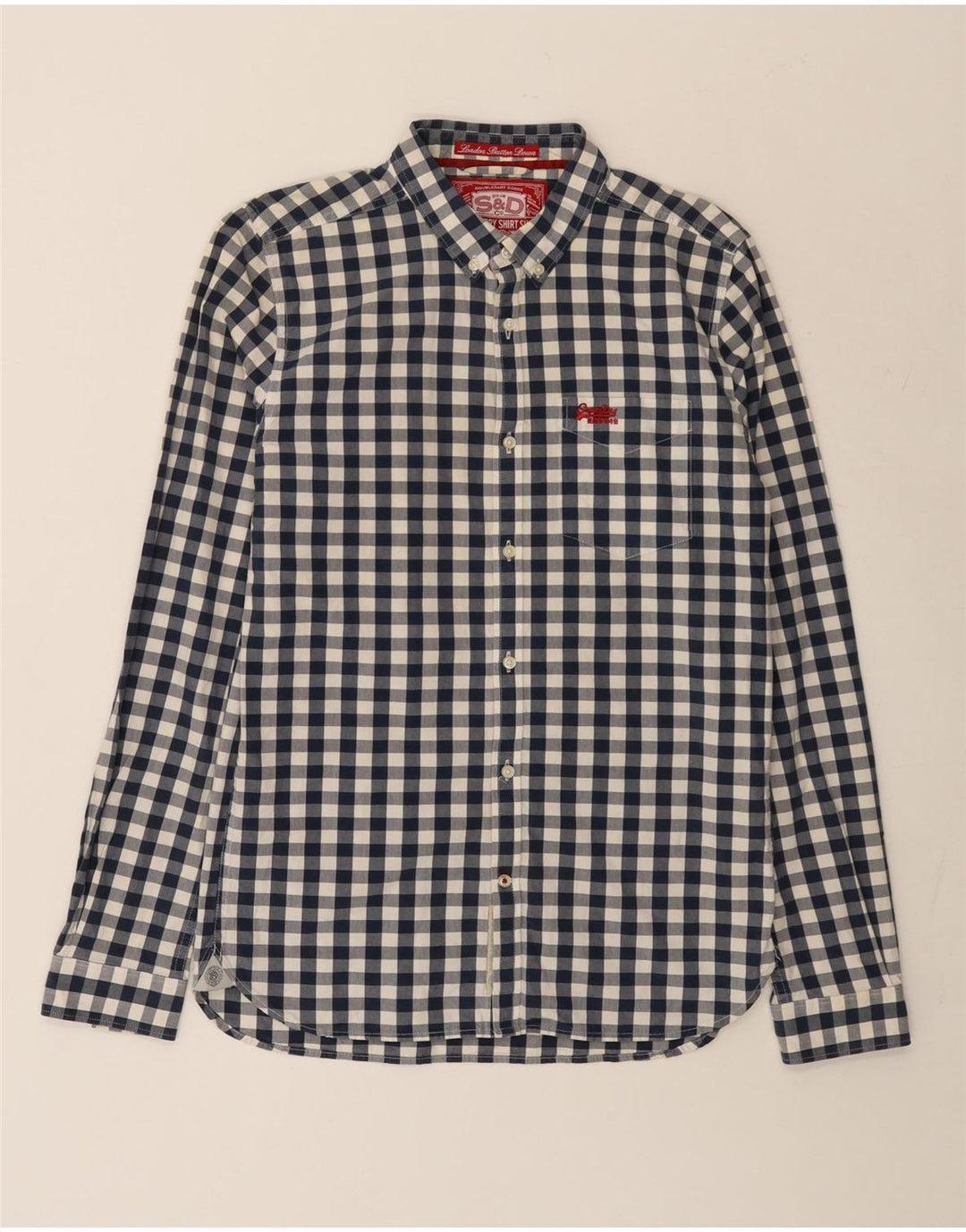 Superdry Mens Shirt Large Navy Blue Gingham Cotton