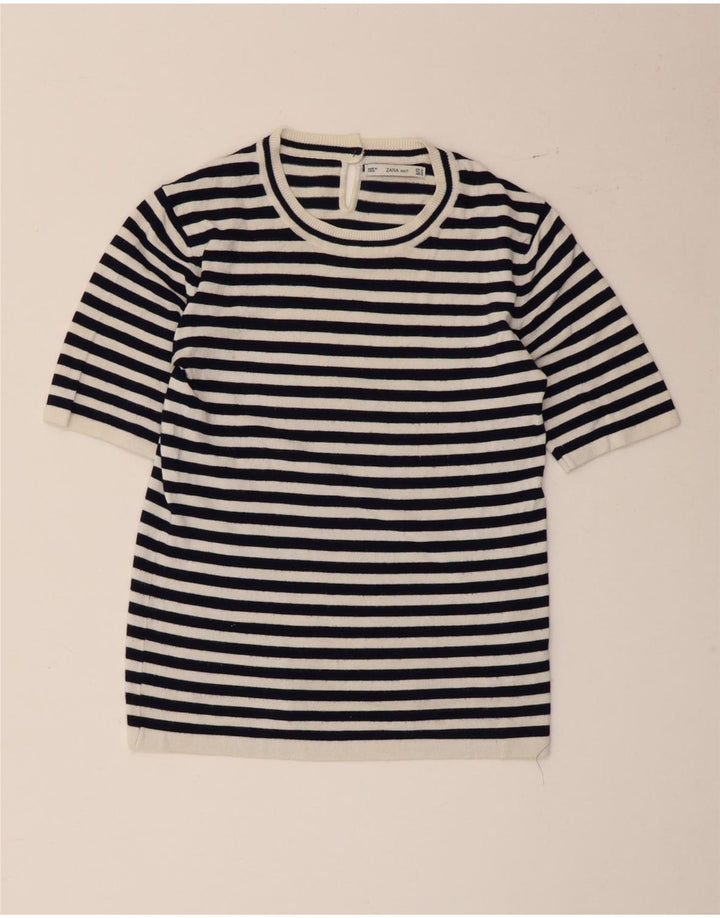 Zara Womens T-Shirt Top UK 12 Medium White Striped Viscose