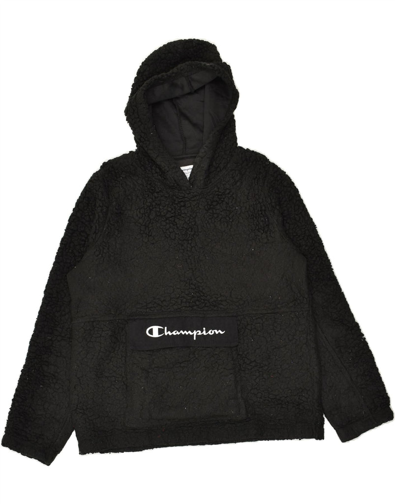CHAMPION Womens Graphic Hooded Fleece Jumper UK 14 Large Black Polyester | Vintage Champion | Thrift | Second-Hand Champion | Used Clothing | Messina Hembry 