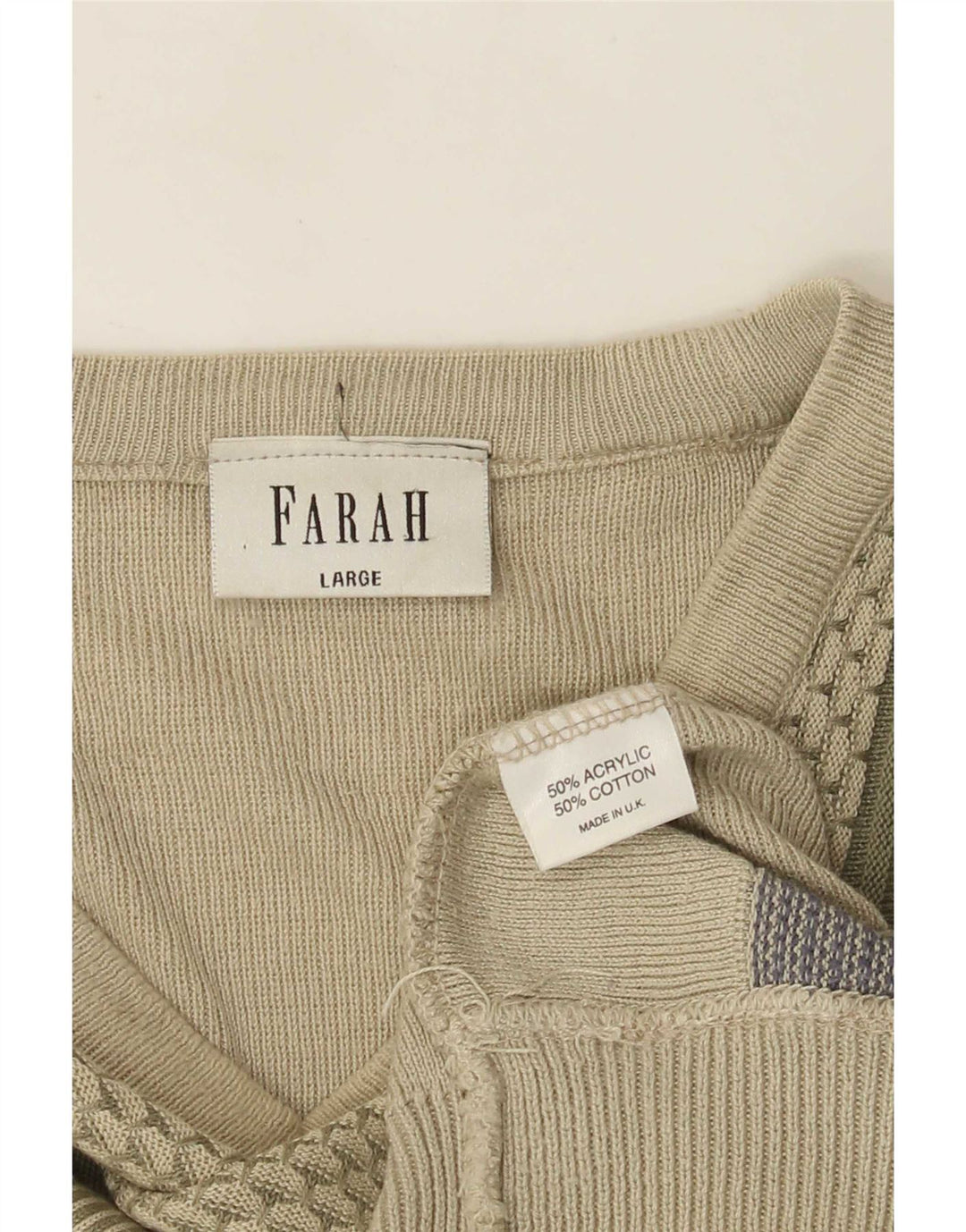 Farah Mens V-Neck Jumper Sweater Large Green Geometric Acrylic