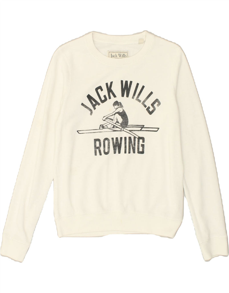 JACK WILLS Womens Graphic Sweatshirt Jumper UK 8 Small  White Cotton | Vintage Jack Wills | Thrift | Second-Hand Jack Wills | Used Clothing | Messina Hembry 