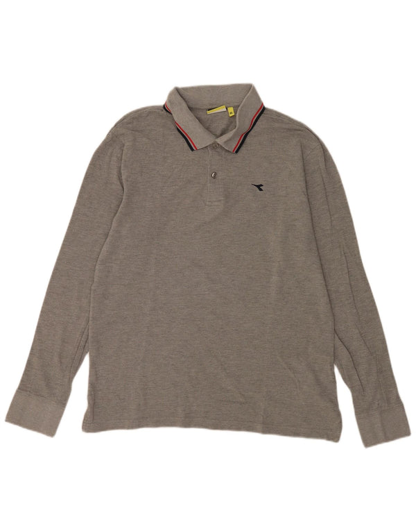 Diadora Mens Long Sleeve Polo Shirt XL Grey Striped Cotton