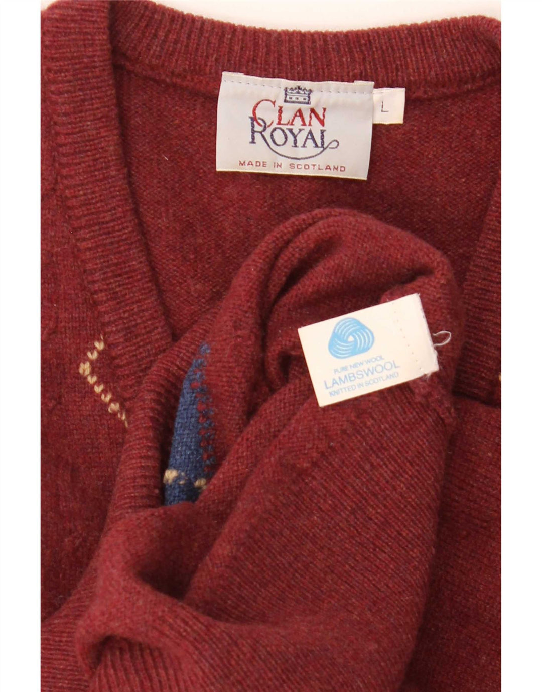 Clan Royal Mens V-Neck Jumper Sweater Large Red Argyle/Diamond Lambswool