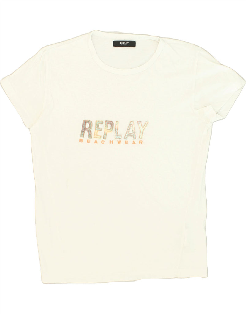 REPLAY Mens Graphic T-Shirt Top Medium White Cotton | Vintage Replay | Thrift | Second-Hand Replay | Used Clothing | Messina Hembry 