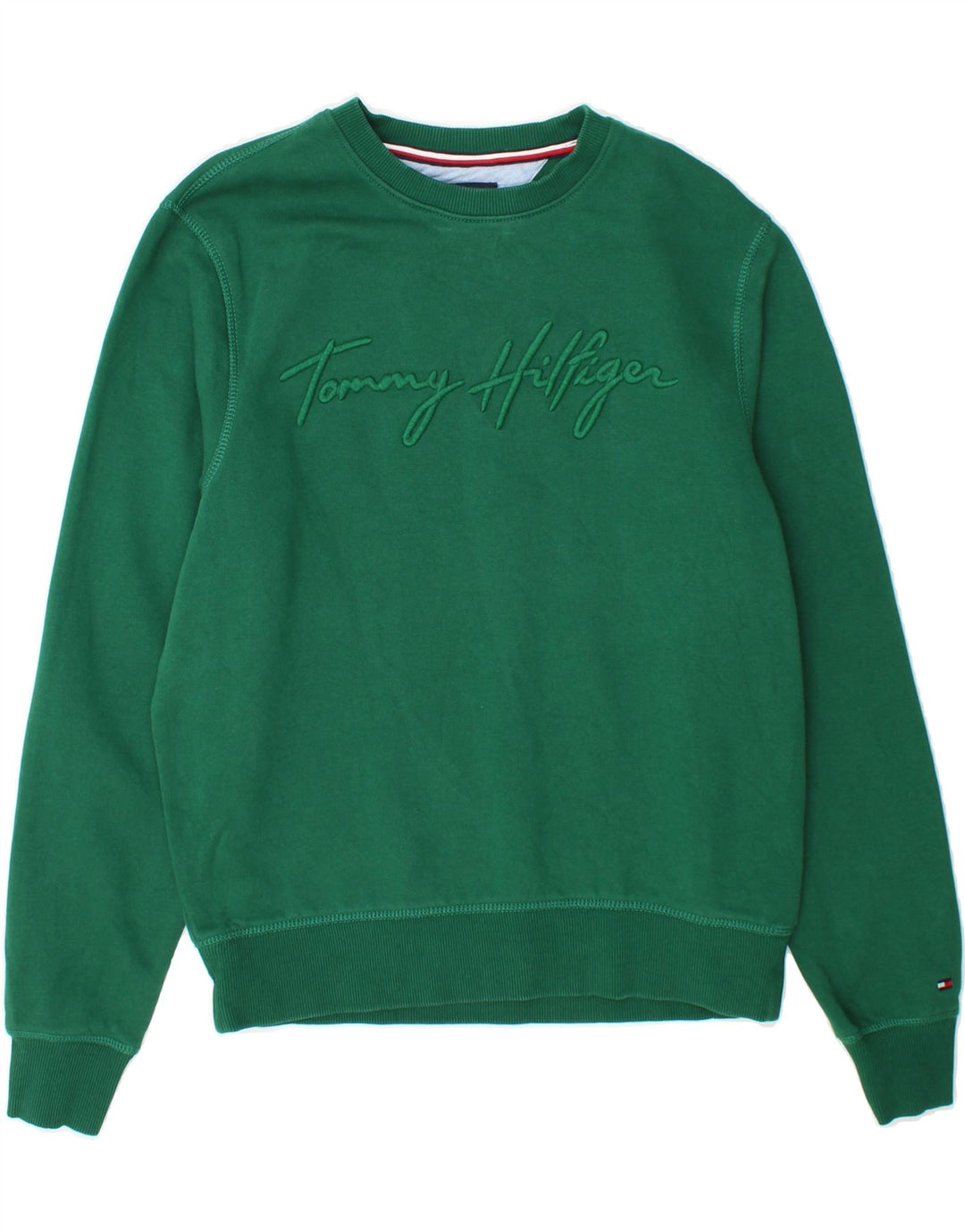 TOMMY HILFIGER Mens Graphic Sweatshirt Jumper Small Green Cotton Vintage Tommy Hilfiger and Second-Hand Tommy Hilfiger from Messina Hembry 