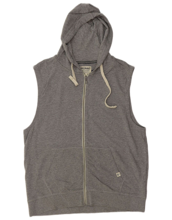 JACK & JONES Mens Sleeveless Zip Hoodie Sweater 2XL Grey Cotton