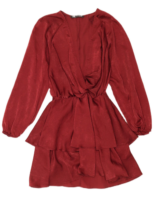Zara Womens Long Sleeve Peplum Dress UK 6 XS Burgundy Polyester