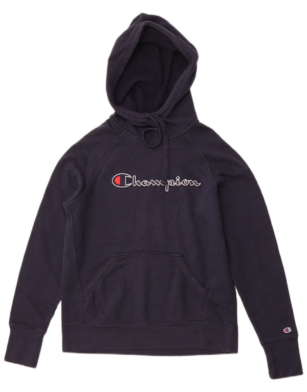 CHAMPION Mens Graphic Hoodie Jumper Small Navy Blue Cotton