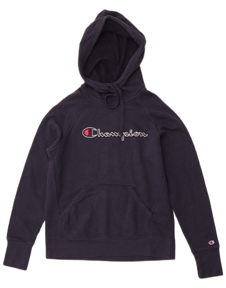 CHAMPION Mens Graphic Hoodie Jumper Small Navy Blue Cotton